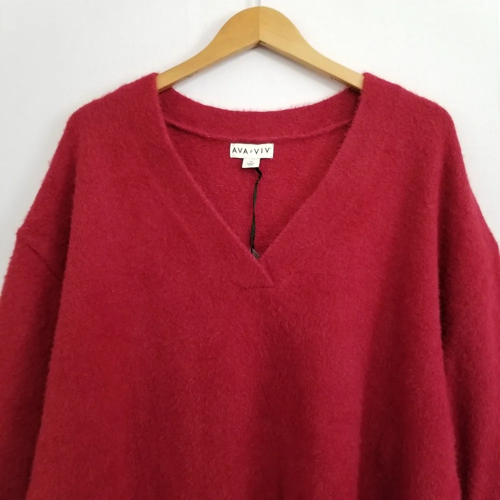 NWT Ava & Viv Red Majenta Fuzzy V Neck Sweater Size 1X